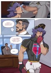 bulge chairman_rose comic cum cum_on_face erection erection_under_clothes kaito_draws leon_(pokemon) male/male male_only pokemon pokemon_ss