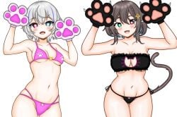 2girls bikini blush cat_lingerie cat_paws cat_tail cleavage eternals_(idol_corp) female front_view grey_hair heterochromia highres idol_corp idol_es indie_virtual_youtuber latam_virtual_youtuber light-skinned_female light_skin lingerie looking_at_viewer meica nisha_nixyeva open_mouth pink_bikini short_hair simple_background small_breasts standing swimsuit thong thong_bikini two_tone_hair virtual_youtuber vtuber vtuberfanart white_background white_hair yeizer