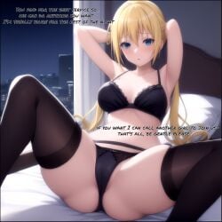 1girls ai_generated bed bedroom black_bra black_panties blend_s blonde_hair blue_eyes breasts city courtains female female_focus female_only hands_behind_head hinata_kaho long_hair looking_at_viewer medium_breasts navel night on_back on_bed pillow pov pov_eye_contact solo solo_female solo_focus spread_legs stable_diffusion text thick_thighs thighhighs thighs