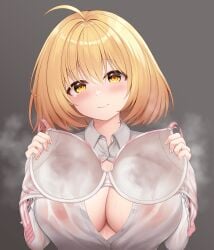 1girls absurdres ahoge blonde_hair blush bra bra_removed bra_visible_through_clothes breasts button_down_shirt covered_nipples female female_only haru_estia highres holding holding_bra holding_clothes holding_underwear karurega large_breasts nipples open_clothes open_mouth open_shirt pink_bra see-through shirt short_hair simple_background solo soul_worker stained_underwear steaming_body striped_bra striped_clothes sweat_stain sweaty_bra tears underwear unworn_bra wet wet_bra wet_clothes wet_shirt yellow_eyes