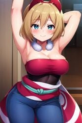 ai_generated arms_over_head big_breasts blue_jeans blush busty cleavage creatures_(company) curvy female female_only front_view game_freak headband hi_res highres irida_(pokemon) jeans neck_collar nintendo pokemon pokemon_(game) pokemon_legends:_arceus pokemon_trainer posing seraphim_ai smile solo stable_diffusion tight_jeans