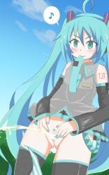 hatsune_miku panties_around_leg panties_around_one_leg peeing peeing_outside pubic_hair pussy striped_panties thighhighs toro_r18 urinating urinating_female urination urine urine_stream vocaloid