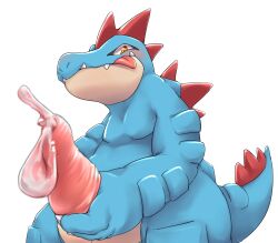 2019 anthro blue_eyes blush canid canine condom fangs feraligatr filled_condom fox generation_2_pokemon hi_res holding_own_penis licking licking_lips looking_at_viewer male male_only mammal masturbation nintendo nobby pokemon pokemon_(species) sexual_barrier_device simple_background solo teeth tongue tongue_out wearing_condom white_background