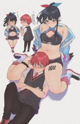 1boy 1girls arm_support dialogue embarrassed expressionless female head_between_thighs hibiki_yuuta huge_thighs japanese_text looking_away male nose_blush official_alternate_costume shocked ssss.gridman takarada_rikka text thick_thighs wariza wavy_mouth wide_hips wide_thighs yelling