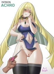 1girls achromaru blonde_hair blue_nails blush breasts embarrassed female female_focus green_eyes hairless_pussy innie_pussy light-skinned_female light_skin long_hair lusamine_(pokemon) mature_female medium_breasts milf mother nail_polish naughty_face nintendo one-piece_swimsuit pokemon pokemon_sm pussy stockings swimsuit torn_clothes uncensored