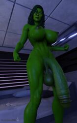 1futa 3d 3d_(artwork) antidotetrl bed big_areola big_breasts big_nipples futa_only futanari green_skin huge_balls huge_cock looking_at_viewer marvel muscular muscular_female nude nude_female self_upload she-hulk standing