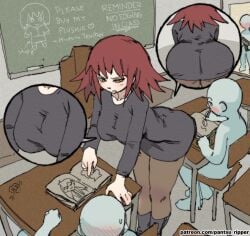 ass bending_forward bent_over blush blush_lines blushing breasts butt chalkboard chalkboard_drawings desk english_text flustered funny gun history_teacher_plush_(lowgradef) holding_gun holding_weapon legwear looking_at_ass lowgradef_(copyright) math_teacher_(lowgradef) meme nervous notebook pantsu_ripper red_hair school_desk school_shooter sweater_dress tagme teacher teacher_and_student text weapon