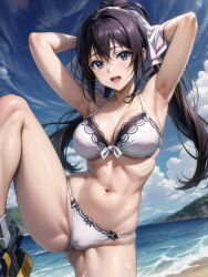 ai_generated arms_behind_head beach big_breasts bikini blue_eyes brown_hair brunette_hair clouds cloudy_sky hair_ribbon houki_shinonono infinite_stratos lifting_leg ponytail sea seaside shinonono_houki tenis_shoes