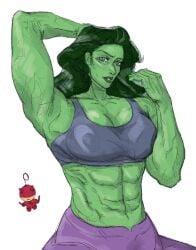 1girls 2d 2d_(artwork) abs big_breasts cleavage daredevil drawn female female_only green-skinned_female green_eyes green_hair green_skin hulk_(series) marvel marvel_comics muscles muscular muscular_abs muscular_female sand_circles she-hulk six_pack solo sports_bra white_background