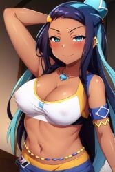 1girls ai_generated armband arms_over_head belly_chain big_breasts blue_eyes blush busty cleavage covered_nipples creatures_(company) crop_top curvy female female_only game_freak hi_res highres human multicolored_hair naughty_face navel nessa_(pokemon) nintendo one_arm_up pokemon pokemon_(game) pokemon_ss pokemon_trainer seraphim_ai smile solo stable_diffusion