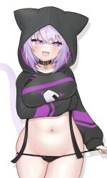 1girls belly belly_button black_collar cat_ear_hood cat_ears cat_tail catgirl collar female female_only hololive hololive_gamers hololive_japan jacket kemono kemonomimi large_breasts light-skinned_female light_skin mochigome_(mochigomemcmc) neko nekomata nekomata_okayu nekomimi pale_skin panties purple_clothing purple_eyes purple_hair side_ponytail solo tail thigh_strap virtual_youtuber wide_hips