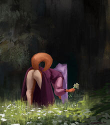 2016 anthro anus ass bottomless canine clothed clothing disney dress female flower forest fox furstang maid_marian mammal outside painting_(artwork) plant pussy raised_tail rear_view robin_hood_(disney) solo traditional_media_(artwork) tree