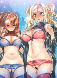 2girls ass_visible_through_thighs bar_censor beatrix_(granblue_fantasy) blonde_hair blue_bra blue_eyes blue_legwear blue_panties blush bra braid breasts brown_eyes brown_hair censored crotchless_panties granblue_fantasy hair_ornament hairband heavy_breathing jacket long_hair mimonel multiple_girls navel nipples open_clothes open_jacket open_mouth panties pink_bra pink_legwear pink_panties ponytail pussy see-through smile sweat tears thighhighs tied_hair twintails underwear zeta_(granblue_fantasy)