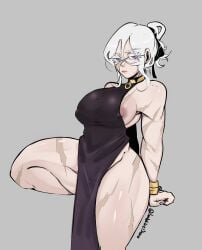 areolae bite_mark breasts clothing dexo drifter_(warframe) female ladydexo_(artist) large_breasts large_nipples looking_at_viewer mihri_(imbluedexo) muscular_female nipple_slip nipples purple_eyes scars simple_background thick_thighs thighs warframe white_hair