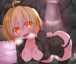 all_fours ass black_legwear black_panties black_shirt blonde_hair bow breast_hold breasts collarbone commentary_request dress_shirt egg_vibrator female glowing glowing_eyes hairbow hanging_breasts heart heart-shaped_pupils medium_breasts naked_shirt nipples oden_(th-inaba) on_bed open_mouth panties panty_pull pussy_juice red_eyes shirt sweat symbol-shaped_pupils thighhighs touhou underwear vibrator yamame_kurodani