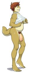 1boy 2016 anthro balls barefoot bottomless clothed clothing clothing_lift flaccid hair hi_res looking_away male male_only partially_clothed penis pose precum pubes scalie shaded shirt shirt_lift slightly_chubby smile solo standing thick_penis toomanyboners uncut undressing