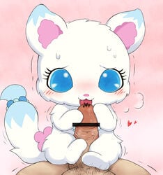 1boy 1girls arctic_fox blue_eyes blush breath canine censor_bar censored cute duo female feral fox fur heart human humanoid_penis jewelpet jewelpet_(species) koriko larimar_(jewelpet) male mammal open_mouth penis pink_background saliva sanrio sega sega_toys sex simple_background sweat white_fur zoophilia