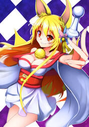 10s 1girls animal_ears argyle argyle_background bangs bare_shoulders bell blonde_hair breasts checkered chess_piece cleavage cowboy_shot dutch_angle eyebrows_visible_through_hair female fingernails flower fox_ears fox_tail glasses gradient gradient_background grin hair_bell hair_between_eyes hair_flower hair_ornament highres japanese_clothes kimono long_hair looking_at_viewer medium_breasts miko_(no_game_no_life) motion_blur multiple_tails no_game_no_life obi off_shoulder orange_eyes outstretched_arm pince-nez purple_background sash sidelocks smile solo tagme tail very_long_hair whiskers white_background yellow_eyes ymd_(holudoun) yukata