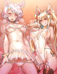 2girls animal_ears bare_shoulders bikini breasts brown_hair drooling erun_(granblue_fantasy) granblue_fantasy hair_ornament heart heart-shaped_pupils metera_(granblue_fantasy) mimonel multiple_girls navel nipples pussy_juice red_eyes saliva see-through silver_hair skirt sutera_(granblue_fantasy) sweat swimsuit symbol-shaped_pupils thighhighs tied_hair tongue tongue_out twintails underboob