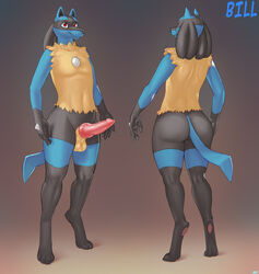 1boy 2016 4_toes animal_genitalia anthro anthrofied ass back big_penis bill_(skybluefox) black_fur blue_fur brown_background canine canine_penis erection feet front_view furry ipan jackal knot lucario male male_only mammal model_sheet navel nintendo nude original_character paws penis pokemon pokemon_(species) pokemon_dppt pokemorph red_eyes sheath smile solo spikes standing stripes tail testicles text video_games yellow_fur