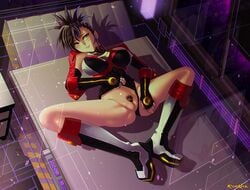 asuka_(crimson_tears) blush boots brown_eyes brown_hair crimson_tears dutch_angle female fingerless_gloves folded_ponytail highres innie_pussy legs leotard leotard_aside looking_at_viewer lying ponytail pubic_hair pussy rybiorock smile solo spread_legs tied_hair uncensored watermark