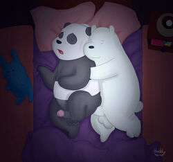 2boys bear bed bedroom cartoon_network closed_eyes duo erection from_behind furry gay heddy high-angle_view humanoid_penis ice_bear lying male male_only mammal nude on_bed on_side open_mouth panda panda_(character) penis plushie polar_bear semi-anthro sex signature smile spoon_position spooning testicles text we_bare_bears yaoi