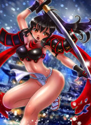 armor bare_legs black_hair female fundoshi izumi_(queen's_blade) japanese_armor looking_at_viewer night ponytail queen's_blade queen's_blade_rebellion shiny_skin sword tied_hair weapon