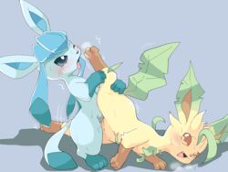 ambiguous_fluids ambiguous_gender blue_eyes blush breath duo eeveelution feral feral_on_feral fur glaceon hyakkankan leafeon nintendo open_mouth pokemon pokemon_(species) sex simple_background sweat tongue tongue_out video_games