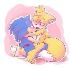 anthro barefoot blue_eyes blue_fur blush canine fox fur furry green_eyes hedgehog kissing male mammal nude open_mouth penis rexin romantic_couple sonic_(series) sonic_the_hedgehog tails teeth tongue yaoi yellow_fur