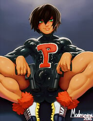 1boy body_bags brown_hair bulge dark-skinned_femboy dark-skinned_male dark_skin erect_nipples femboy genderswap_(ftm) green_eyes gun male male_only modeseven panda_delgado penis penis_outline pistol rule_63 skin_tight smile solo squatting sweat trap unitard