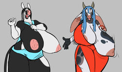 anthro big_breasts bovid bovine breasts curvaceous duo equid equine female horns huge_breasts hyper hyper_breasts looking_at_viewer mammal nipples one_breast_out open_mouth pussy ritts standing thick_thighs