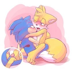 anthro barefoot blue_eyes blue_fur blush canine fox fur furry green_eyes hedgehog kissing male mammal nude open_mouth penis rexin romantic_couple sonic_(series) sonic_the_hedgehog tails teeth tongue uncut yaoi yellow_fur