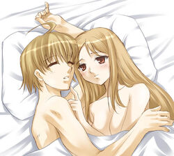 agrias_oaks artist_request bed blanket blonde_hair blush breasts clenched_teeth closed_eyes female final_fantasy final_fantasy_tactics final_fantasy_tactics_(original) husband_and_wife lying male on_side open_mouth pillow ramza_beoulve red_eyes straight