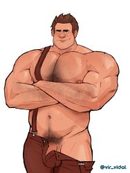 1boy 1male alternate_body_hair bara belly biceps big_biceps big_nose brown_overalls bulge bulge_through_clothing cowboy_shot crossed_legs flaccid gay hairy hairy_arms hairy_chest hairy_male highres huge_pectorals looking_at_viewer male male_focus male_only mature_male muscles muscular muscular_male naked_overalls navel navel_hair nipples overalls pecs pectorals penis penis_peek plump pubes pubic_hair ralph_(wreck-it_ralph) smile smiling smiling_at_viewer solo solo_male standing stomach strongman_waist thick_arm_hair thick_chest_hair thick_eyebrows thick_navel_hair thick_thighs thighs vir_vidal white_background wreck-it_ralph