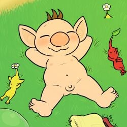 1boy alien alien_humanoid clothes_removed cute grass humanoid male_only nude nude_male olimar on_back outdoors pikmin pikmin_(species) plant_humanoid pointy_ears red_pikmin relaxed relaxing smile wholesome yellow_pikmin