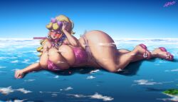 1girls alternate_ass_size alternate_breast_size bikini blonde_hair blush closed_eyes clothed_female female_only giantess giga_giantess gigantic_breasts growth lapotato8 macro mario_(series) ocean onomatopoeia princess_peach sunglasses_on_head super_mario_sunshine thick_thighs