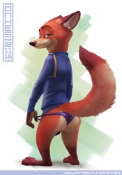 1boy anhes bottomless clothing disney drag fox furry male male_only modeling nick_wilde orange_fur panties posing solo thong underwear zootopia