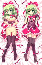 azumi_kazuki blush breasts dakimakura female front_ponytail green_eyes green_hair hair_ribbon kagiyama_hina lying no_shoes on_back panties panties_around_one_leg pussy ribbon thighhighs touhou underwear