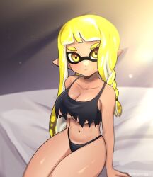 braided_hair braided_sidelock inkling inkling_girl large_breasts new_agent_3_(splatoon) nintendo norishiitsu semi_nude sideboob single_braid splatoon splatoon_3 tentacle_hair underwear wake_up yellow_eyes yellow_hair