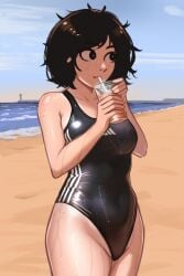 1girls adidas beach beverage black_eyes black_swimsuit breasts brown_hair clothed clothed_female clothing drink drinking female freckles freckles_on_face front_view hair hi_res holding_beverage human light-skinned_female light_skin medium_breasts medium_hair messy_hair one-piece_swimsuit original original_character outdoors solo swimsuit swimwear thighs veyonis wet_body wet_skin yuna_(veyonis)