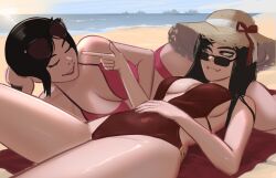 2girls beach bikini black_hair breasts cleavage kadence_(veyonis) looking_over_eyewear looking_over_glasses looking_over_sunglasses original_characters rosen_(veyonis) straw_hat sunglasses swimsuit tinted_eyewear veyonis