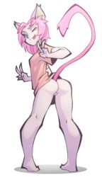 2016 ;p alpha_channel animal_ears ass backpussy blue_eyes bottomless breasts cat_ears feline female fur human humanoid long_hair looking_at_viewer looking_back mammal no_underwear one_eye_closed pink_fur pink_hair pussy shirt simple_background solo standing the_pink_pirate tongue tongue_out transparent_background v wink