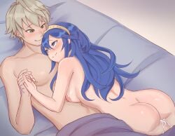 1boy 1girls after_sex after_vaginal ass bellfonts big_ass blue_eyes blue_hair brand_of_the_defile breasts creampie cuddling cum cum_in_pussy cum_inside eyes_of_grima female fire_emblem fire_emblem_awakening grey_eyes grey_hair lucina_(fire_emblem) male medium_breasts nintendo nipples robin_(fire_emblem) robin_(fire_emblem)_(male) tiara