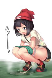 1girls bag bangs beanie black_hair blue_eyes blunt_bangs blush female hat highres human human_only knees_together_feet_apart metaring nintendo open_mouth panties panty_pull peeing pokemon pokemon_sm red_hat selene_(pokemon) shirt shoes short_hair shorts shorts_pull sneakers solo squatting t-shirt text underwear urine white_panties wide_sleeves