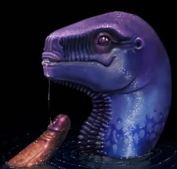 2016 alien ambiguous_gender bald black_background hi_res humanoid_penis male male/ambiguous meandraco penis purple_eyes purple_skin saliva simple_background slit_pupils solo_focus water wet