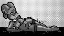 anthro black_and_white bunnie female halftone hi_res mature_female monochrome nude