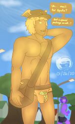 apollo_(osp) bulge caduceus deity delivery_(commerce) delivery_man dialogue dionysus dionysus_(osp) european_mythology god greek_mythology hermes hermes_(osp) iwtbat_(artist) male male_focus male_only mythology overly_sarcastic_productions public_domain solo_focus tagme underwear underwear_only watermark winged_hat