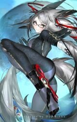 bayonetta cosplay dya_rikku dya_rikku_(vtuber) face_markings female fox_ears virtual_youtuber vyugen white_eyes white_hair