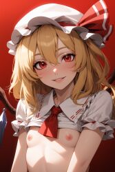 ai_generated ascot bangs blonde_hair blush breasts clothes_lift collared_shirt crystal female flandre_scarlet frilled_shirt_collar frilled_sleeves frills hair_between_eyes hat hat_ribbon highres lips long_hair looking_at_viewer medium_hair mob_cap nipples no_bra one_side_up parted_lips puffy_short_sleeves puffy_sleeves red_ascot red_background red_eyes red_ribbon ribbon ribbon_trim self-upload shirt shirt_lift short_sleeves simple_background small_breasts smile solo solo_focus teeth touhou upper_body white_headwear white_shirt wings wombat9043