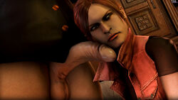 1boy 1girls 3d auburn_hair biohazard blue_eyes claire_redfield duo erection female long_hair penis resident_evil straight testicles thedickgrillsurgeon